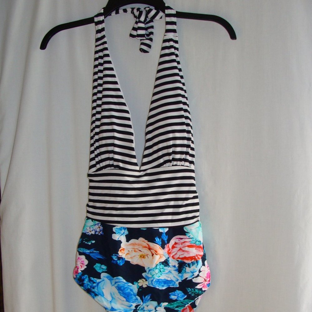 CUPSHE Multi-Color FLORAL & STRIPE Self-tie HALTER TANK 1pc SWIMSUIT Sz LARGE